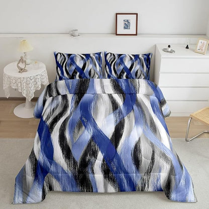 Erosebridal Geometric Stripes Comforter Full Modern Abstract Comforter Set Black Grey Navy Blue Bedding Set for Kids Boys Girls Teen Swirl Lines Quilt Duvet Room Decor 3 Pcs