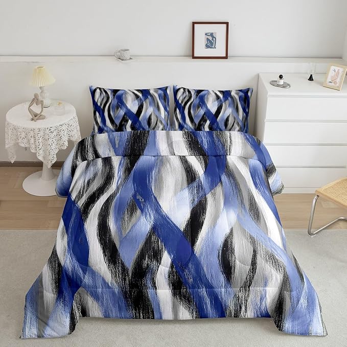 Erosebridal Geometric Stripes Comforter Queen Modern Abstract Comforter Set Black Grey Navy Blue Bedding Set for Kids Boys Girls Teen Swirl Lines Quilt Duvet Room Decor 3 Pcs