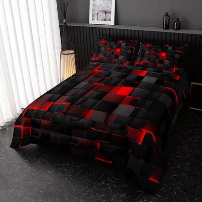Neon Red Black Comforter Set Full Geometric Kids Bedding Set,3 PCS Geometry Honeycomb Bed Set Modern Quilt Set 1 Comforter 2 Pillow Cases Cool Room Decor All Season B-Side Black