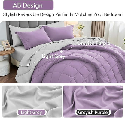 MUXHOMO 7 Pieces Full Comforter Set, Reversible Bed in a Bag Full Size, All Season Bedding Set with Comforter, Flat Sheet, Fitted Sheet, Pillowcases & Shams, Greyish Purple & Light Grey
