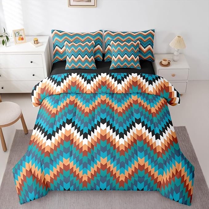 Erosebridal 7 Pcs Western Aztec Queen Comforter Set with Sheets Rustic Farmhouse Bed in A Bag Vintage Southwestern Tribal Bedding Sets for Men Adults Exotic Bohemian Geometric Bed Set