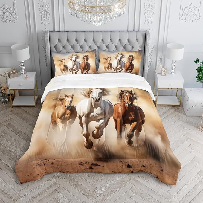 Kid Galloping Horse Comforter Set Twin Animal Theme Handsome Horse Bedding Set Wild Animal Grey Sky Sand Decor Quilt Bed Set for Boys Girls Adult, 1 Comforter + 2 Pillowcases