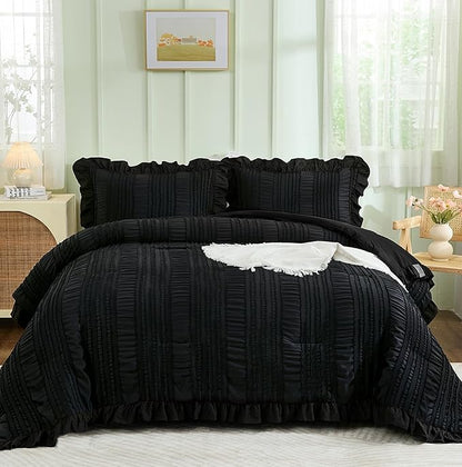 WONGS BEDDING Black Comforter Set King,3 Pieces Ruffle Farmhouse Shabby Chic Boho Comforter for King Bed,Soft Textured Bedding Set with 1 Ruffle Comforter,2 Tufted Pillowcases 104"×90"
