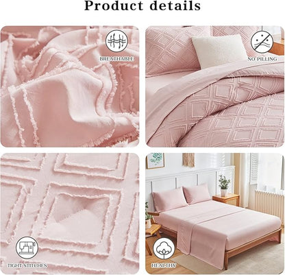 6 Pieces Tufted Bed in a Bag Twin Comforter Set with Sheets Blush Pink, Soft and Embroidery Shabby Chic Boho Bohemian, Luxury Solid with Diamond Pattern, Jacquard Tufts Bedding Set for Kids Girls