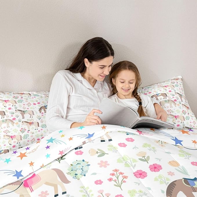 Bohemian Horse Bedding Sets Twin Size,Rustic Farmhouse Comforter Set 2Pcs for Kids Girls Boys Women Room Decor,Pink Flower Leaves Quilted Duvet Wild Animals Plant Down Comforter,1 Pillowcase