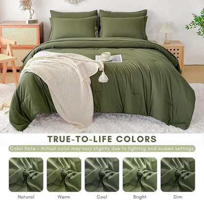 Twin/Twin XL Comforter Duvet Cover Set Olive Green - 7-Piece Bed in a Bag, Festive Gift Double Brushed Micorfiber All-Season Soft Bedding with Sheets & Envelope Pillowcases (68"x88",Twin)