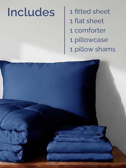 Twin Comforter Set - 5 Piece Bed in a Bag Twin Size Bed Set - Down Alternative Comforter, Flat Sheet, Fitted Sheet, Pillowcase & Sham for All Seasons - Soft, Comfy & Breathable - Navy Blue/Sky Blue