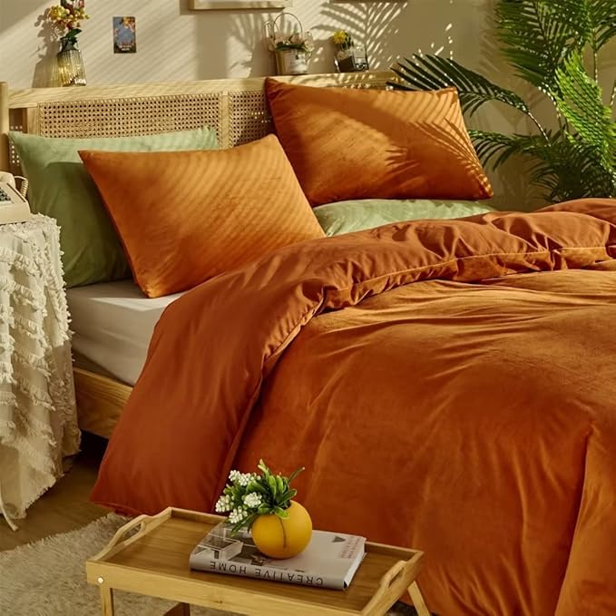 CLOTHKNOW Burnt Orange Velvet California King Comforter Set 3Pcs Fluffy Bedding Comforter Sets Soft Terracotta Comforter with 2 x Pillow Cases