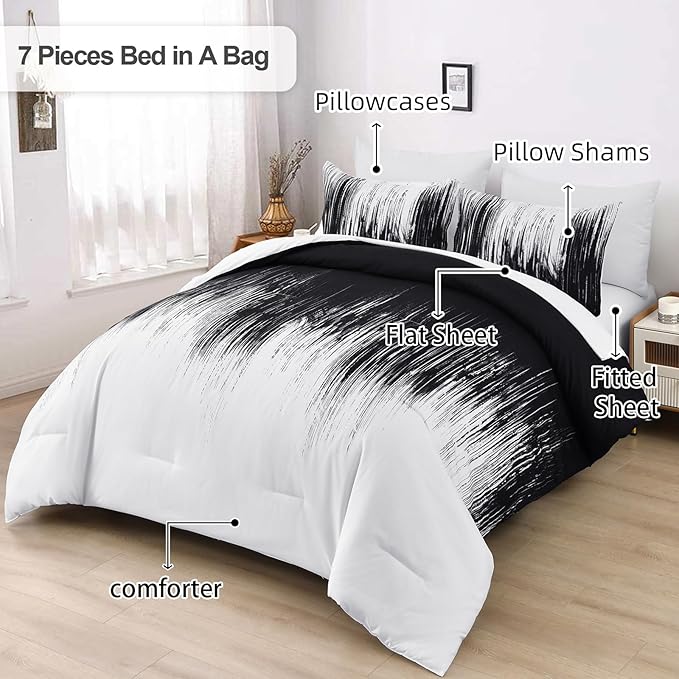 Dinjoy Ombre Black Comforter Set Full Size Gradient Black White Boho Bedding Set for Teen Men Women 7 Pieces Bed in A Bag Bohemian Bed Set with Comforter, Sheets, Pillowcases & Shams