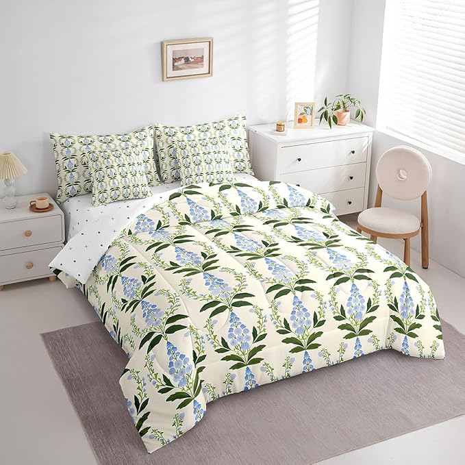 Feelyou Girls Vintage Flower Comforter Set with Sheets Queen Size 7 Pieces Kids Romantic Florals Pattern Bedding Set for Boys Women Teens Botanical Nature Garden Theme Bed in a Bag Room Decor