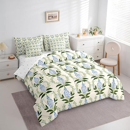 Feelyou Girls Vintage Flower Comforter Set with Sheets King Size 7 Pieces Kids Romantic Florals Pattern Bedding Set for Boys Women Teens Botanical Nature Garden Theme Bed in a Bag Room Decor