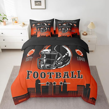Erosebridal Football City Bed in A Bag Sports Rugby 7 Piece Bedding Set Black Orange Ombre Football Comforter Set with Sheets Full Size for Kids Boys Teen Adults,Ball Sports Games Bed Set