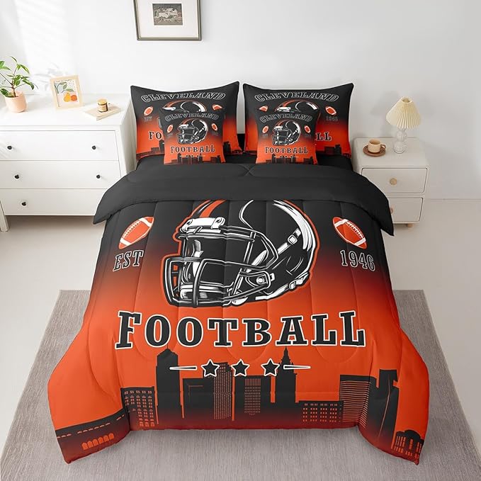 Erosebridal Football City Bed in A Bag Sports Rugby 7 Piece Bedding Set Black Orange Ombre Football Comforter Set with Sheets Queen Size for Kids Boys Teen Adults,Ball Sports Games Bed Set