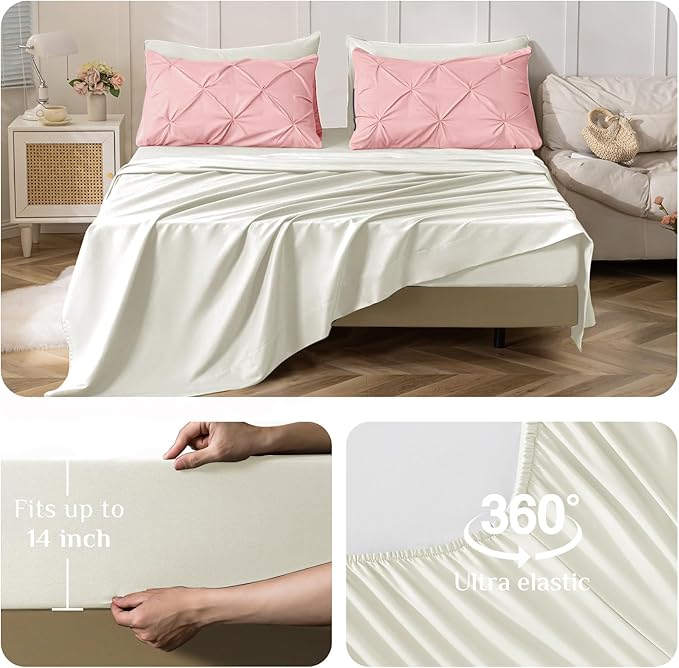 JOLLYVOGUE Full Size Comforter Sets 7 Pieces - Bed in a Bag Full for All Season, Pintuck Bedding Comforter Sets with Comforter, Flat Sheet, Fitted Sheet and Pillowcases & Shams, Pink & Ivory