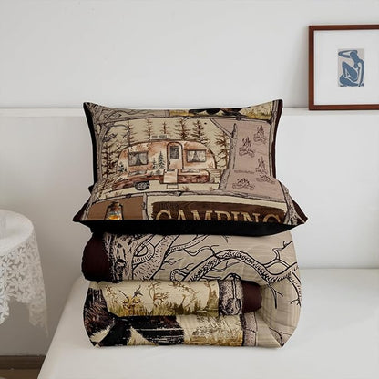 Happy Camping Comforter Set,RV Bedding Set for Kids Boys RV Gift,Rustic Farmhouse Camping Lovers Bedding Comforter Sets Vintage Country Woodland Hunting Animal Duvet Insert with 2 Pillowcases,King