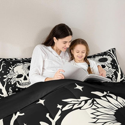 Erosebridal Halloween Skeleton Toddler Comforter Set, Gothic Skull Bedding Set, Skull Floral Comforter for Kids Boys Girls Teens Women Men Vintage Halloween Decor, Sun and Moon Black Goth Quilt