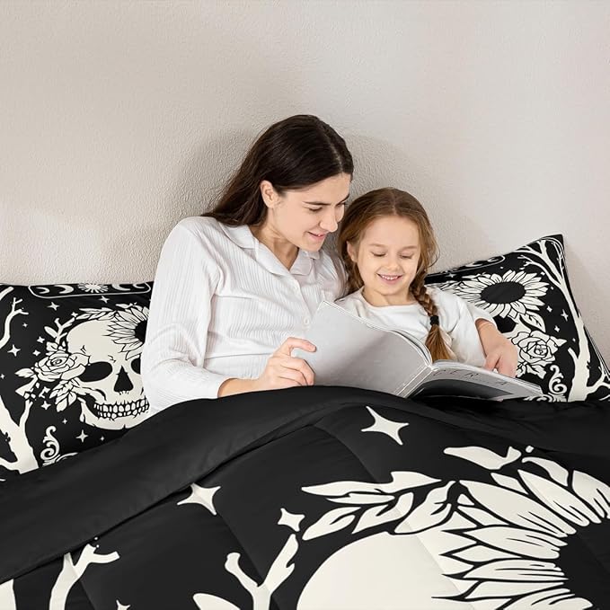 Erosebridal Halloween Skeleton King Size Comforter Set, Gothic Skull Bedding Set, Skull Floral Comforter for Kids Boys Girls Teens Women Men Vintage Halloween Decor, Sun and Moon Black Goth Quilt
