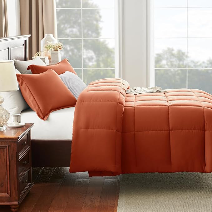 CozyLux Queen Size Comforter Sets Terracotta - 3 Pieces Burnt Orange Box Stitched Queen Bed Set for All Seasons, Soft Lightweight Bedding Sets with 1 Down Alternative Comforter and 2 Pillow Shams