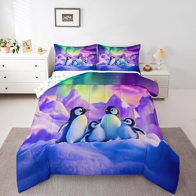 Cartoon Penguin Family Comforter Full,Watercolor Aurora Neon Purple Green Quilt Comforter with 2 Pillowcases,Cute Wildlife 3D Mountain Bedding Set Comfortable,Soft and Breathable