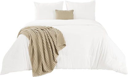 Bedsure 5 Pieces Cotton Comforter Set with Cotton Waffle Throw Blanket - White Queen Comforter, Pillow Shams, Taupe Cooling Blanket of Rayon Derived from Bamboo for Hot Sleepers, Throw Pillow