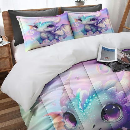 Cute Dragon Colorful Comforter Set for Kids Toddlers Teens Adults Queen, Blue Yellow Baby Bedding Sets Water Washed Microfiber Bedding with 1 Comforter 2 Pillowcase All Season