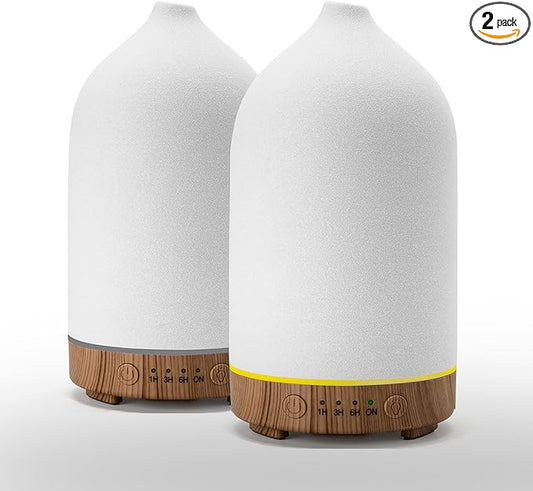200ML Ceramic Essential Oil Diffuser (Set of 2) - Ultrasonic Aromatherapy & Humidifier with 7-Color LED Lights, Auto Shut-Off, Wood Grain Base, 1H/3H/6H Timer | Scent for Home, Office, Yoga