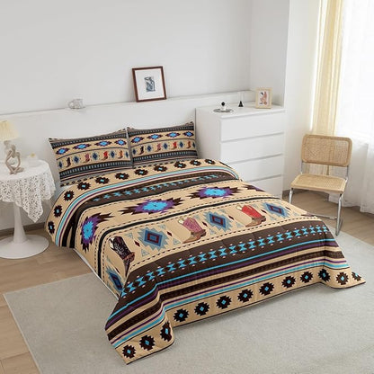 Feelyou Brown Western Bedding Set Southwestern Comforter Set Room Decor Cowboy Shoes Wild Western Geometric Tribal Comforter Twin Size Rodeo Cowboy Style Duvet Set 2Pcs