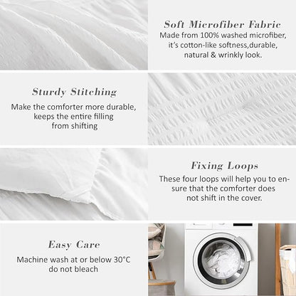White Comforter Set Queen Size Seersucker Design with Ruffled Edges, Soft Bedding Set Queen Size 3 Pcs, Down Alternative Light Weight Comforter Set (White,90"x90")