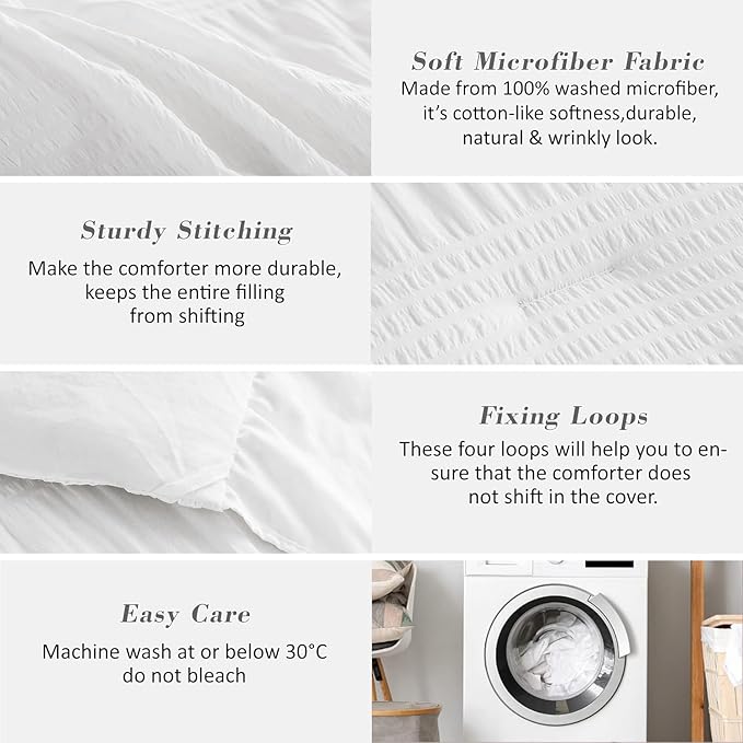 White Twin Comforter Set, Seersucker Vintage Comforter Soft Bedding Set Twin Size 3 Piece Set, Down Alternative Light Weight Comforter Set (White, Twin 68"x90")