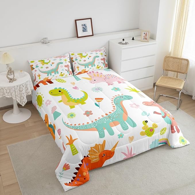 jejeloiu Kids Cartoon Dinosaur Bedding Set King Size Cute Dinosaur Comforter Set for Boys Girls Teens Cute Flower Duvet Set Animal Quilt Set 3Pcs
