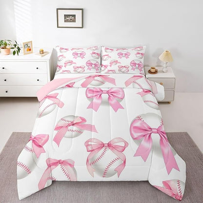 Baseball Bowknot Bedding Sets Twin Size,Baseball Sport Games Comforter Set 2Pcs for Kids Girls Boys Women Room Decor,Pink Bow Tie Print Quilted Duvet Sweet Modern Down Comforter,1 Pillowcase