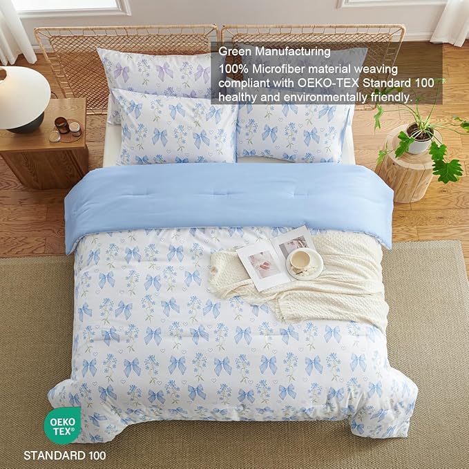 Blue Bow Comforter Set Queen 3Pcs Blue Floral Bedding Set for Girls Kids Romantic Princess Style Bowknot Bedding Ultra Soft Reversible Garden Flower Comforter Sets with 2 Pillowcases