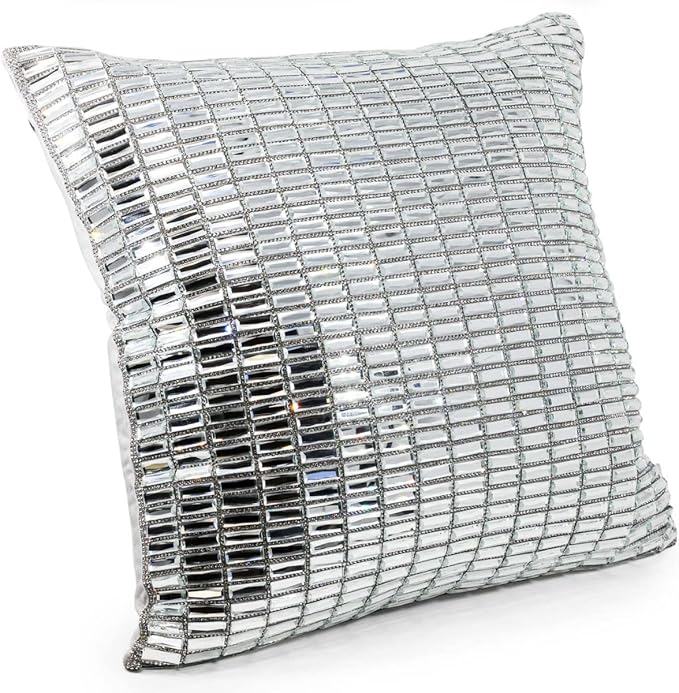 Fifth Avenue Pillow, Velvet Backing, Glass Stones, Dramatic, Hypoallergenic Fiber Insert, for Sophisticated Luxury Home Decor, Silver, 16", Sold Individually