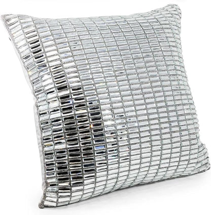 Fifth Avenue Pillow, Velvet Backing, Glass Stones, Dramatic, Hypoallergenic Fiber Insert, for Sophisticated Luxury Home Decor, Silver, 16", Sold Individually