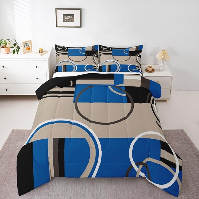 Modern Circles Swirls Comforter King Size Geometric Spiral Square Bedding Set Blue Black Grey Comforter Set Abstract Gromment Plaid Quilted Duvet Chic Graphic Texture Artwork Quilt Comforter, 3Pcs