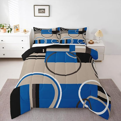 Modern Circles Swirls Comforter Full Size Geometric Spiral Square Bedding Set Blue Black Grey Comforter Set Abstract Gromment Plaid Quilted Duvet Chic Graphic Texture Artwork Quilt Comforter, 3Pcs