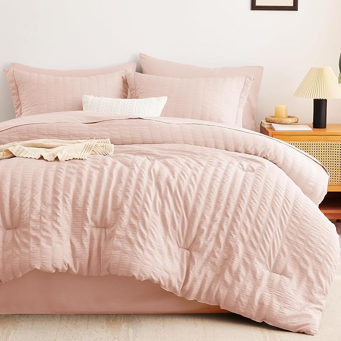 CozyLux Twin XL Comforter Set with Sheets Seersucker Blush Pink 5 Pieces Bed in a Bag, Twin Extra Long Luxury Bedding Sets for College Dorm with Down Alternative Comforter, Sheets, Pillowcases & Shams