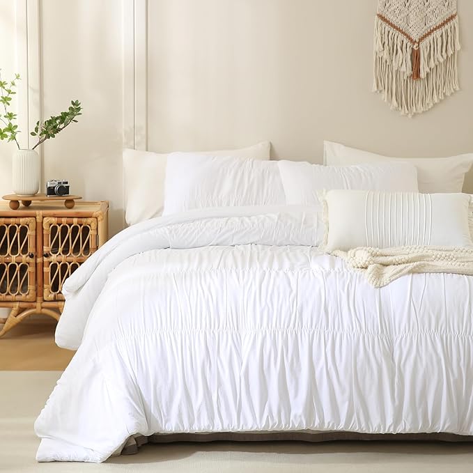 Lady Ann Oversized King Size Comforter Sets 120x120 White Ruched Bedroom Sets, Fluffy Bedding Comforter Sets, Soft & Luxurious All Season Bed Sets for Women Men, 3pcs