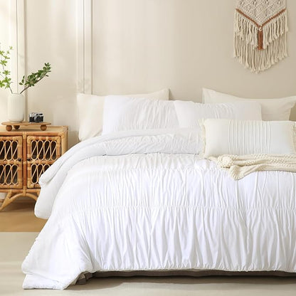 Lady Ann King Size Comforter Sets White Ruched Bedroom Sets, 106"*95" Fluffy Bedding Comforter Sets, Ultra Soft & Luxurious All Season Bed Sets for Women Men, 3pcs