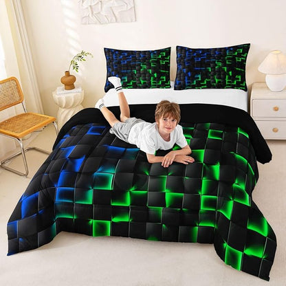 Erosebridal Geometric Checkered Comforter Set Toddler Neon Blue Green Bedding Set for Kids Boys Teen Gamer Room Decor,Abstract Ombre Plaid Comforter Grids Quilt Duvet Black