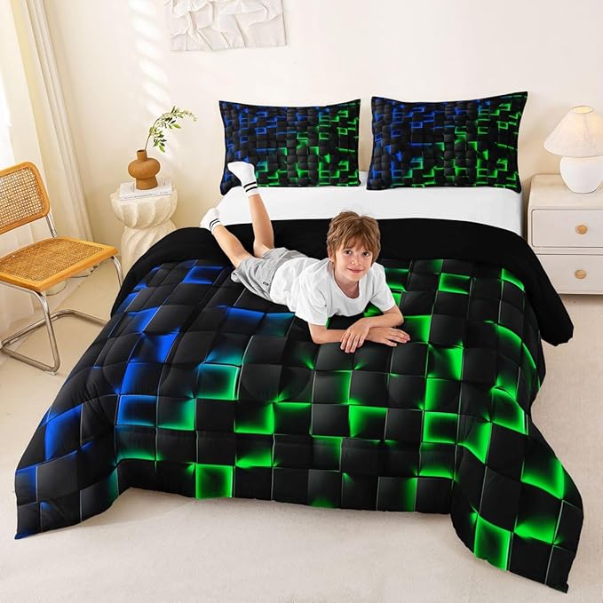 Erosebridal Geometric Checkered Comforter Set King Neon Blue Green Bedding Set for Kids Boys Teen Gamer Room Decor,Abstract Ombre Plaid Comforter Grids Quilt Duvet Black