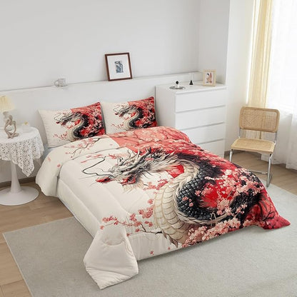 Erosebridal Girls Dragon Comforter Set King Size, Japanese Style Animal Down Comforter Cherry Blossoms Sakura Bedding Set Ancient Wildlife Quilt for Kids Teens Adult Women Bedroom Decor, Pink
