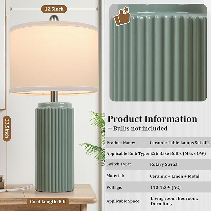 TOBUSA 23.5’’ Modern Green Ceramic Table Lamps Set of 2 for Living Room, Farmhouse Ceramic Bedside Nightstand Lamps for Bedroom, Vintage Decorative Boho Lamps for Home End Table Dorm Office