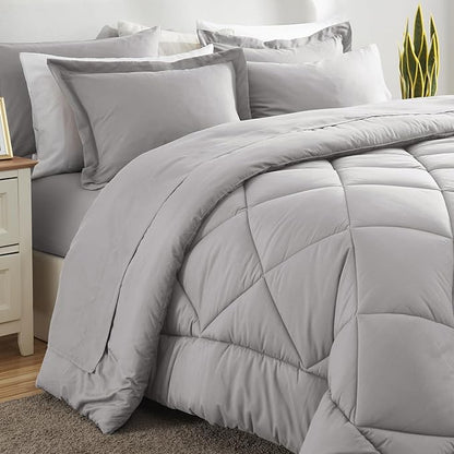 CozyLux Queen Comforter Set French Grey - Bed in a Bag Queen Size 7 Pieces, Luxury Soft Bed Set for All Seasons, Bedding Set with Down Alternative Comforter, Sheets, Pillowcases & Shams