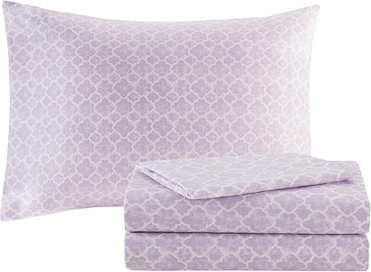 Madison Park Essentials Cozy Bed In A Bag Comforter with Complete Cotton Sheet Set - Trendy Floral Design All Season Cover, Decorative Pillow, Twin(68"x86"), Leaf Purple 9 Piece