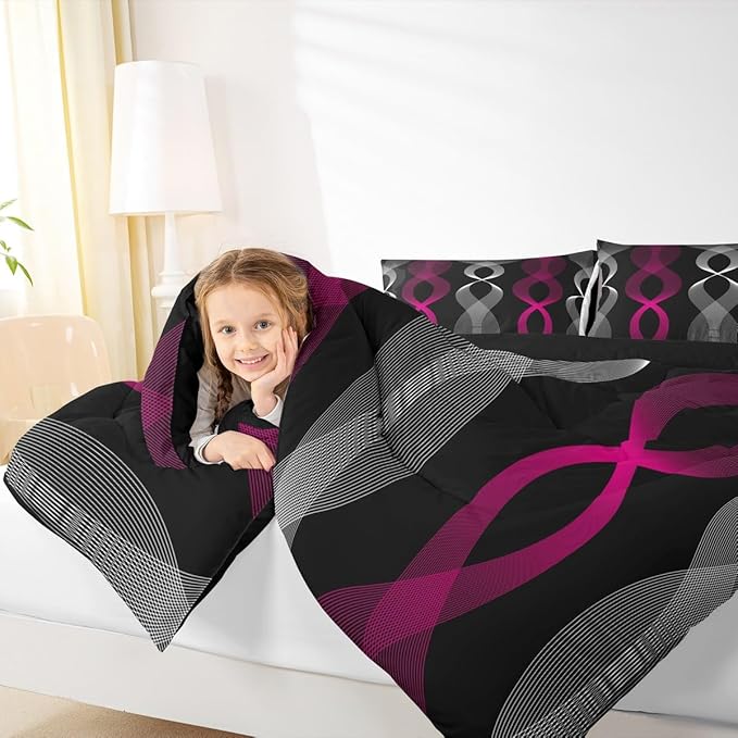 Erosebridal Girls Fuchsia and Black Abstract Twin Comforter Set, Fuchsia Striped Bedding Set for Women Teens, Contemporary Boho Modern Art Comforter, Geometric Stripes Aesthetic Wavy Line Quilt