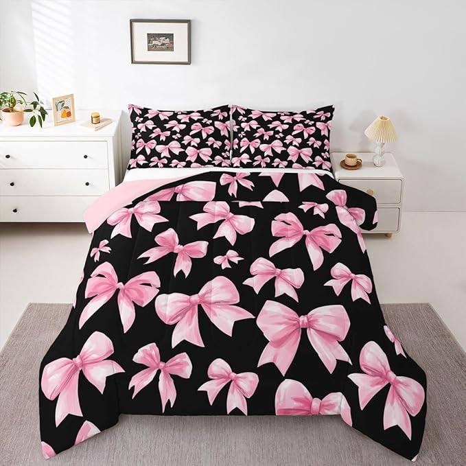 Feelyou Pink Bow Comforter Set All Season Cute Bowknot Bedding Set with 2 Pillow Cases Kawaii Black Pink Kids Queen Bedclothes Princess Decor Bedroom Decor Duvet Quilt Breathable Soft Lightweight