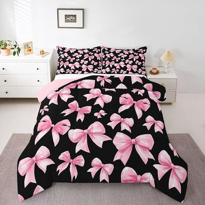 Feelyou Pink Bow Comforter Set All Season Cute Bowknot Bedding Set with 2 Pillow Cases Kawaii Black Pink Kids Full Bedclothes Princess Decor Bedroom Decor Duvet Quilt Breathable Soft Lightweight