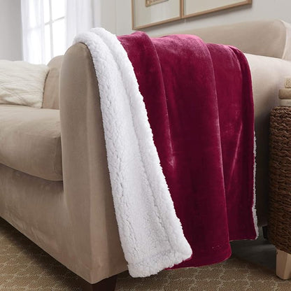 Genteele Sherpa Throw Blanket Super Soft Reversible Ultra Luxurious Plush Blanket, 40 x 50 inches, Rich Burgundy Red/White