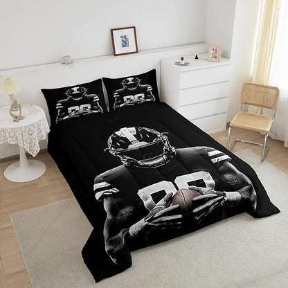 Feelyou Rugby Comforter Set King Size Football Player Comforter for Boys Girls Teens Football Bedding Set Rugby Sport Duvet Set Room Decor Black Quilt Set
